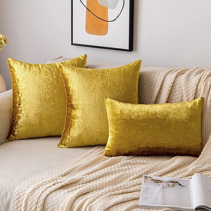 EMEMA Fall Bright Gold Velvet Throw Pillow Covers 18x18 Inch Set of 2 Decorative Square Pillowcase Soft Solid Cushion Case for Couch Sofa Bedroom Livingroom