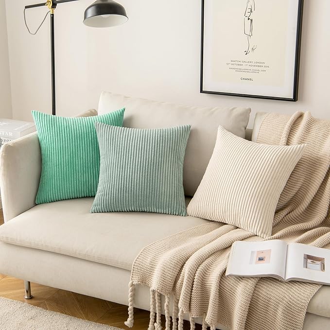 MIULEE Pack of 2 Corduroy Pillow Covers Super Soft Throw Pillow Covers Striped Pillowcases for Sofa Bedroom Couch 20 x 20 Inch Greyish Green