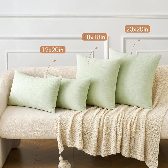 MIULEE Pack of 2 Spring Light Green Couch Throw Pillow Covers 12x20 Inch Soft Chenille Pillow Covers for Sofa Living Room Solid Dyed Pillow Cases