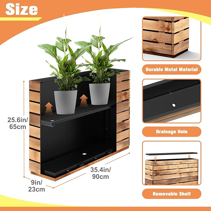 FENCY Large Metal Planter, Large Rectangular Planters for Outdoor Plants, Tall Outdoor Planters for Porch Patio, 35.4″ × 9.1″ × 25.6″ H Walnut Finish Metal Planter with Drainage Hole