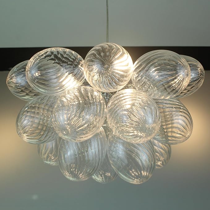20 in. Bubble Ball Glass Chandelier Clear Swirled Ribbed Blown Glass Pendant Light Fixture for Bedroom Restaurant Dining Room Over Table