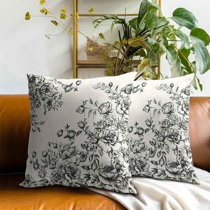Vintage Flower Pillow Covers 22x22 Inch Set of 2 Black White Chinoiserie Floral Rustic Farmhouse Square Pillowcases Cotton Cushion Cover for Couch Patio Sofa Bed Home Decoration