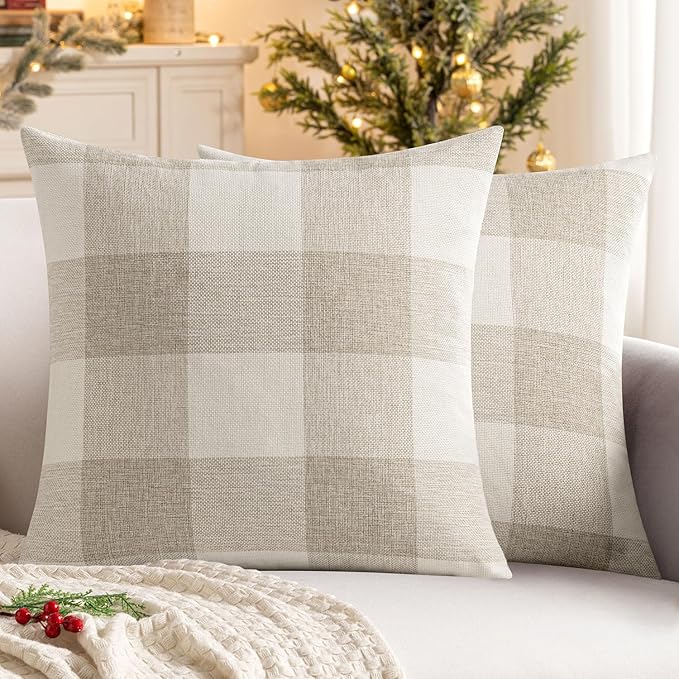 MIULEE Pack of 2 Farmhouse Buffalo Check Plaids Polyester Linen Soft Solid Cream White and White Decorative Throw Pillow Covers Home Decor Outdoor Cushion Case for Sofa Bedroom 26 x 26 Inch
