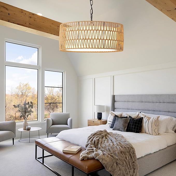 Farmhouse Rattan Chandelier Light Fixture, Boho Pendant Light Hand Woven Chandeliers for Dining Room with Fabric Shade, Large Wicker Coastal Pendant Light for Kitchen Bedroom Island Hallway