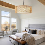 Farmhouse Rattan Chandelier Light Fixture, Boho Pendant Light Hand Woven Chandeliers for Dining Room with Fabric Shade, Large Wicker Coastal Pendant Light for Kitchen Bedroom Island Hallway