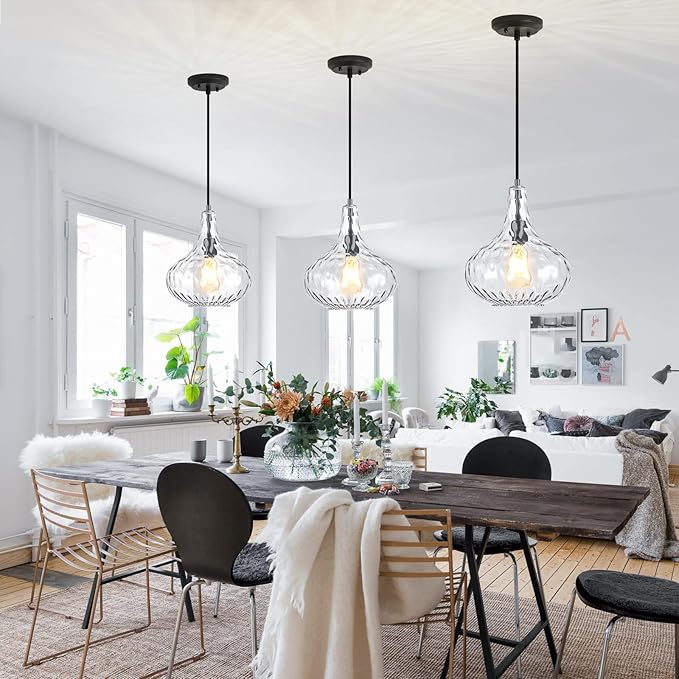 Glass Large Pendant Lights for Kitchen Island Blown Glass Pendant Light Clear Hammered Shade Hanging Ceiling Lights with Black Finish for for Kitchen Island, Sink, Hallway, Living Room 11 inch
