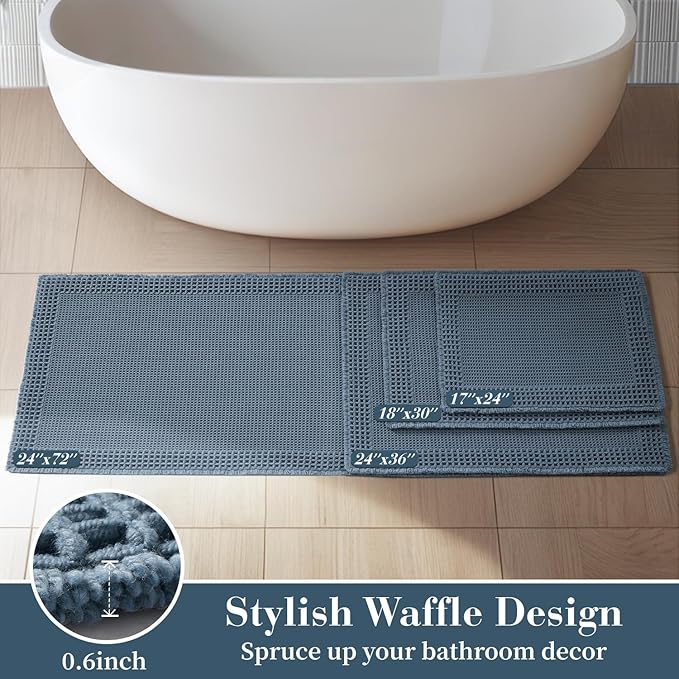 RESARE Waffle Bathroom Runner Rugs, Super Absorbent Bath Mat Non Slip Washable Quick Dry, Upgraded Ultra Soft Boho Bath Rugs with Tassels for Hallway Bedroom Laundry Room, 2'x6'(24"x72"), Blue