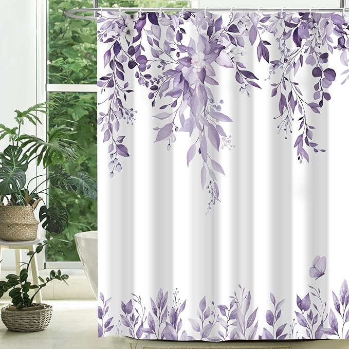 Eucalyptus Shower Curtain, Light Purple Watercolor Leaves with Floral Botanical Bathroom Decor, Waterproof Fabric Bath Curtain Set with Hooks, 72x84 Inches