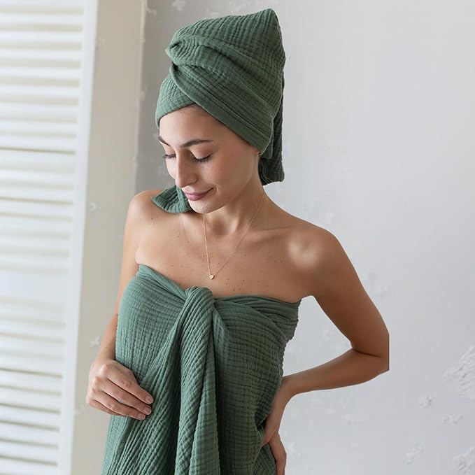 Ultra Soft Muslin Towel Adult Set, 100% Turkish Cotton 4-Layer 2 Pieces Luxury Muslin Hand & Bath Towels Sets for Bathroom (Green, 1 Bath & 1 Hand Towel Set)