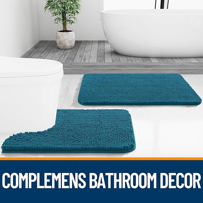 OLANLY Toilet Rugs U-Shaped 24x20, Extra Soft Absorbent Chenille Contour Bathroom Rugs for Toilet, Dry Quickly, Machine Washable, Non-Slip Bath Mat, Peacock Blue
