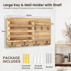 Nekon Mail Holder for Wall Mail Organizer with Key Hooks Hallway Farmhouse Decor Letter Sorter with Floating Shelf (16.8Inch x 10Inch x 3.2Inch) (Wood)