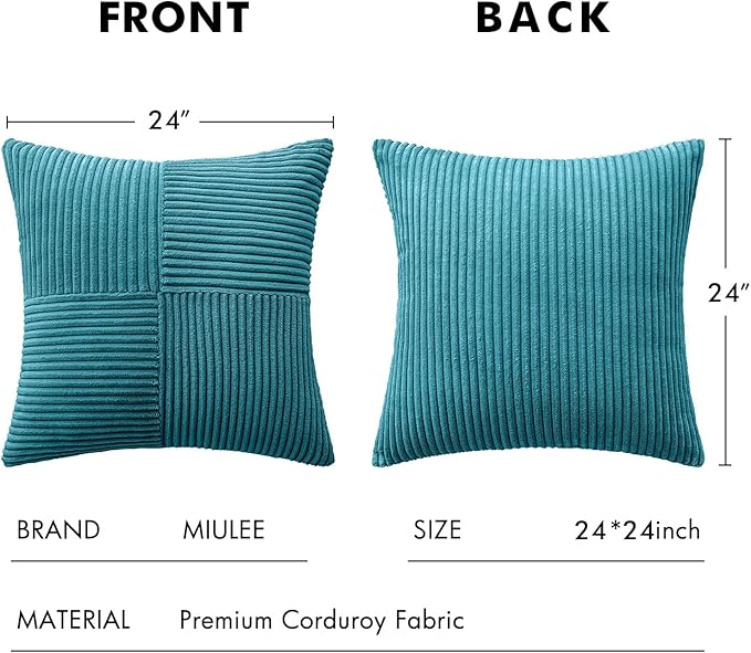 MIULEE Teal Corduroy Pillow Covers Pack of 2 Boho Decorative Spliced Throw Pillow Covers Soft Solid Couch Pillowcases Cross Patchwork Textured Cushion Covers for Living Room Bed Sofa 24x24 inch