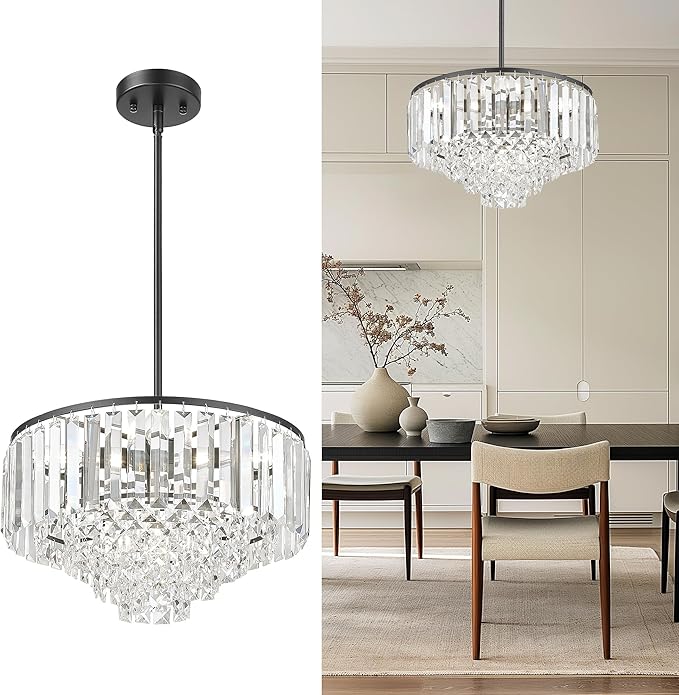 15'' Crystal Chandelier, 5-Tier Modern Chandelier with Matte Black Finish, Pendant Light for Dining Room Kitchen Island Bedroom Entryway, CC4215-5W-BK
