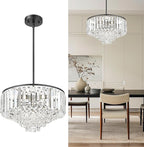 15'' Crystal Chandelier, 5-Tier Modern Chandelier with Matte Black Finish, Pendant Light for Dining Room Kitchen Island Bedroom Entryway, CC4215-5W-BK