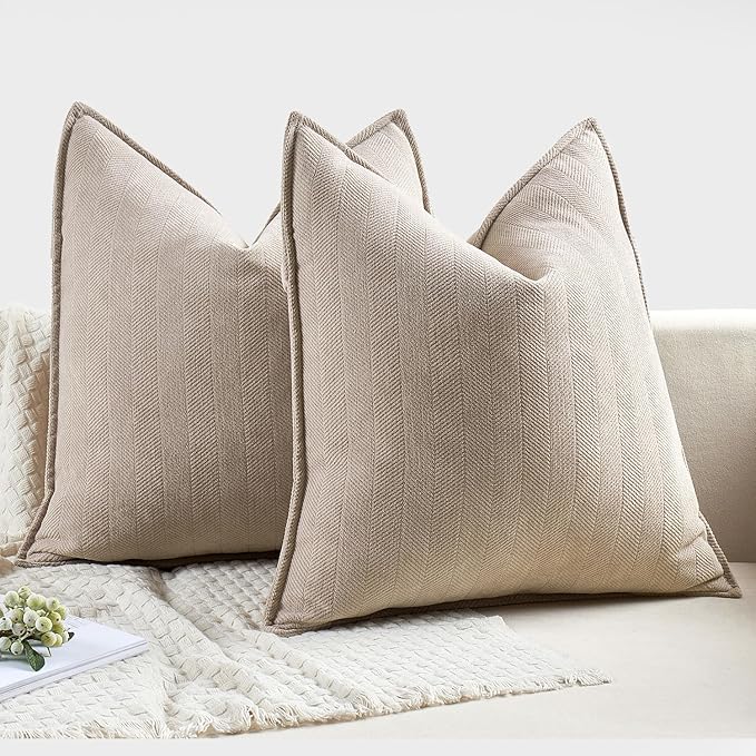 MIULEE Pack of 2 Beige Decorative Pillow Covers 20x20 Inch Soft Chenille Luxurious Couch Throw Pillows Farmhouse Cushion Covers with Elegant Design for Sofa Bedroom Living Room Home Decor