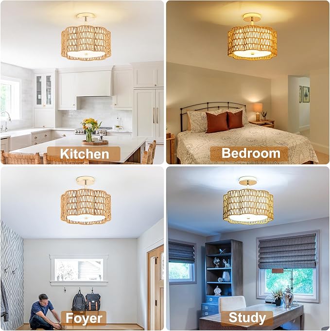 Tbaoinla✿ 13.8＂ Handwoven 3-Light Rattan Ceiling Light | Boho Flush Mount for Bedroom & Nursery, Natural Fiber Basket Light Fixture, Gold Light Fixture