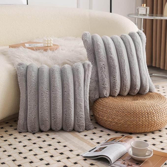 Neelvin Grey Faux Fur Cozy Soft Striped Decorative Throw Pillow Covers 16x16 inch Set of 2,Velvet Pillowcase Cushion Case for Sofa Couch
