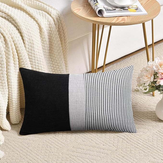 Adabana Stripe Pillow Covers 12x20 Set of 2 Square Patchwork Linen Decorative Lumbar Throw Pillow Covers Modern Farmhouse Decor Pollowcases for Couch Sofa Bedroom,Black Stripe