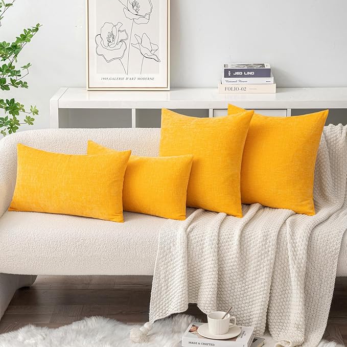 MIULEE Pack of 2 Couch Throw Pillow Covers 16x16 Inch Soft Goose Yellow Chenille Pillow Covers for Sofa Living Room Solid Dyed Pillow Cases