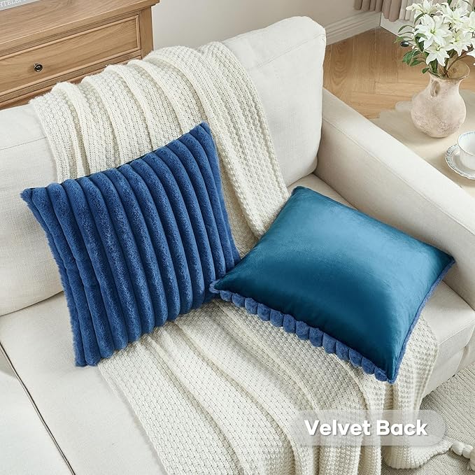 FUTEI Navy Blue Striped Decorative Throw Pillow Covers 22x22 Inch Set of 2,Square Winter Decorations Couch Pillow Case,Soft Cozy Faux Rabbit Fur & Velvet Back,Modern Home Decor for Bed