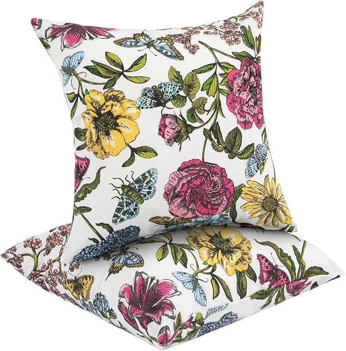 Water Resistant Outdoor Throw Pillows for Patio Furniture,18x18 Inch Decorative Pillows Set of 2 with Insert,Hidden Zipper Headrests for Sofa Couch Chair(Butterfly Flower)