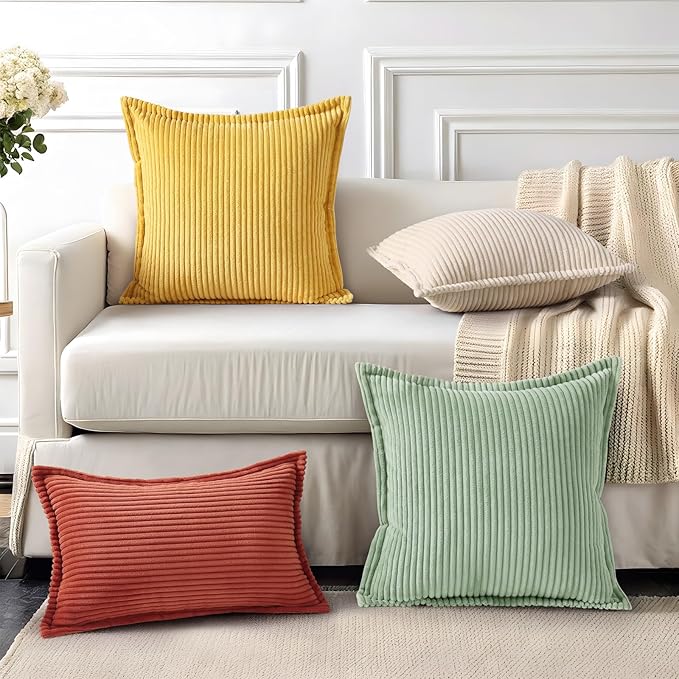 Mecatny Corduroy Throw Pillow Covers 22x22 Set of 2, Neutral Decorative Soft Boho Couch Pillow Covers with Broadside for Sofa Living Room, Sage Green