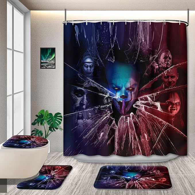 Scary Clown Horror Bathroom Decor Set with Shower Curtain and Rugs, 4-Piece Broken Glass and Creepy Faces Theme, Waterproof Curtain with Non-Slip Mats for Halloween Haunted House Decor
