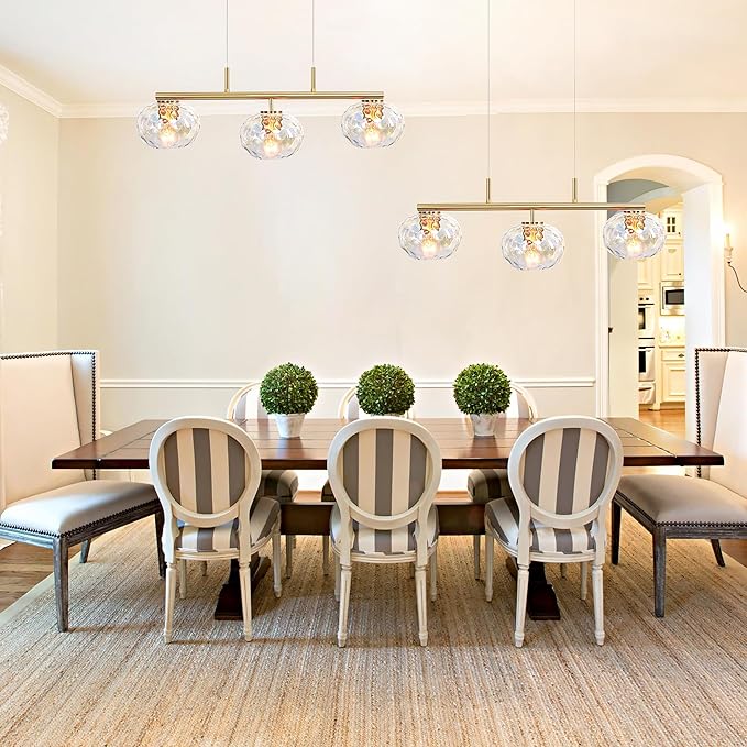Brushed Brass Gold Chandelier Light Fixture with 7" Stained Glass Shade, 30" W Modern Pendant Lighting for Kitchen Island Dining Room