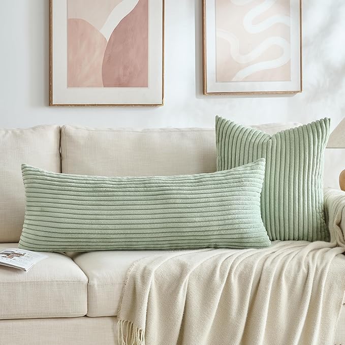 Fancy Homi Set of 2 Sage Green Boho Decorative Throw Pillow Covers 18x18 Inch for Bedroom Couch Bed, Soft Fuzzy Cozy Striped Corduroy Cushion Case 45cm, Bohemian Modern Farmhouse Home Decor