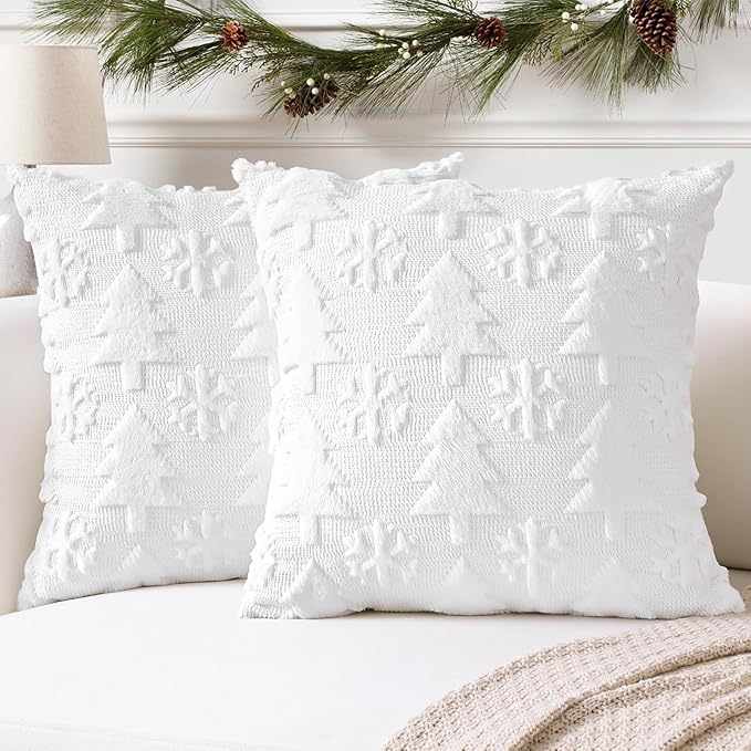 OTOSTAR Set of 2 Xmas Soft Plush Short Wool Velvet Decorative Throw Pillow Covers Square Luxury Style Cushion Case Pillow Shell for Sofa Bedroom Tree and Snowflake White, 22x22 Inch