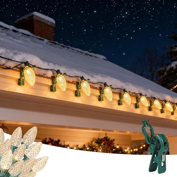 Dazzle Bright C9 Christmas String Lights, 100 LED 66 FT Waterproof Connectable Fairy Lights with 100 Spring Clips Timer, Christmas Decoration for Outdoor Roofline Home Garden Yard Tree, Warm White