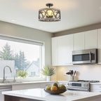 Kira Home Larkin 15" 3-Light Modern Farmhouse Semi-Flush Mount Ceiling Light, Metal Drum Shade, Weathered Ash Wood Finish + Black Finish