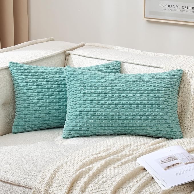 MIULEE Pack of 2 Decorative Lumbar Throw Pillow Covers 12x20 Inch Soft Boho Striped Textured Corduroy Pillow Covers Modern Farmhouse Home Decor for Couch Bed Sofa Living Room Aqua Green