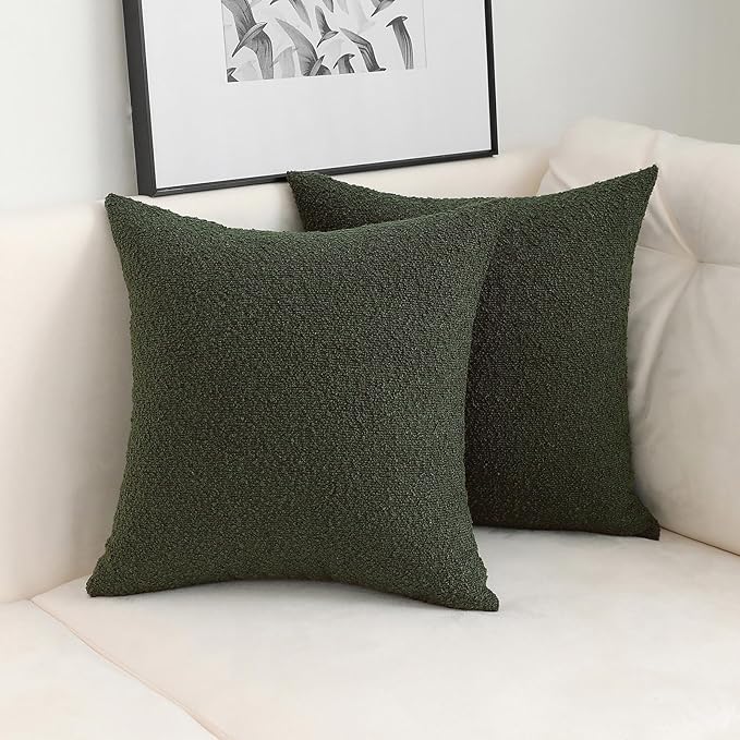 Jeneoo Sage Green Decorative Square Thick Throw Pillow Covers Fine Textured Olive Boucle Couch Cushion Cases for Sofa Living Room Decor, Set of 2, 18 x 18 Inch