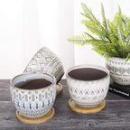 VanEnjoy 5.5 inch Large Round Bohemian Style Ceramic Planter, Geometry Engrave Off White Brown Succulent Planter Flower Pot, Indoor Outdoor Decorative Planter