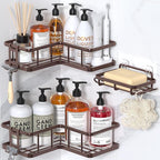 YASONIC Corner Shower Caddy Organizer, 3-Pack Self-Adhesive Rustproof Bath Shelves with Soap Holder & 4 Hooks, Large Capacity Shower Storage Rack for Bathroom Organization - Bronze