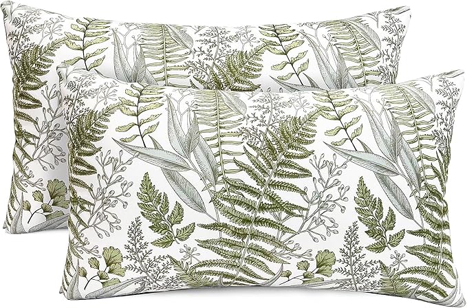 Decorative Throw Pillow Covers Set of 2 Olive Green Leaves Pillow Covers 12x20 inch Soft Short Plush Square Floral Throw Pillows,Farmhouse Outdoor Pillow Covers for Couch Bed Living Room