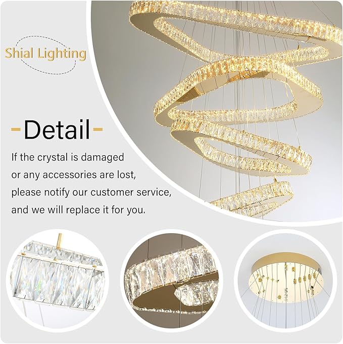 Modern Crystal Chandeliers for High Ceiling 6 Ring Chandelier LED Gold Ceilings Lights Fixtures High Ceiling Chandelier for Foyer Staircase Living Room Dining Room 2700K-6000K