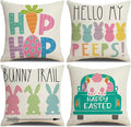 Easter Decor-Throw Pillow Covers 18x18in Set of 4,Spring Linen Pillow Case with Bunny and Egg for Large Couch Sofa Home Indoor Outdoor Holiday Home Decorations