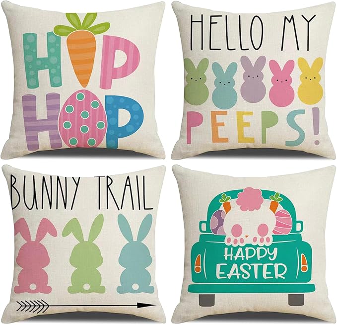 Easter Decor-Throw Pillow Covers 18x18in Set of 4,Spring Linen Pillow Case with Bunny and Egg for Large Couch Sofa Home Indoor Outdoor Holiday Home Decorations