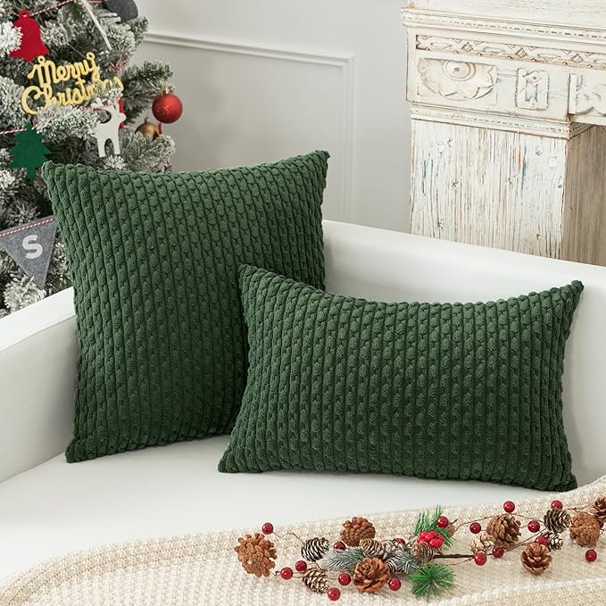 Kevin Textile Christmas Velvet Corduroy Boho Throw Euro Pillow Sham Cushion Cover for Bed 2 Pcs 16 x 16 Inch (40 x 40 cm) Dark Green