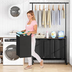 IDEALHOUSE Laundry Sorter, Rolling Laundry Hamper with Hanging Rack, Laundry Hamper 3-Section with Wheels, Hampers for Laundry, Laundry Basket Organizer for Laundry Room, Rustic Brown