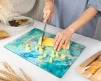 Glass Cutting Board 16"x12": Tempered Glass Kitchen Counter Protector - Durable- Scratch-Resistant, Heat-Proof - Design 9 - Teal Ocean