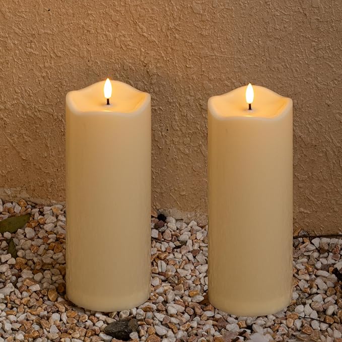 2pack 4"*10" Waterproof Outdoor Flameless Candles with Remote & Timer, Plastic Battery Operated LED Flickering Pillar Candles for Camping, Weddings, Ivory