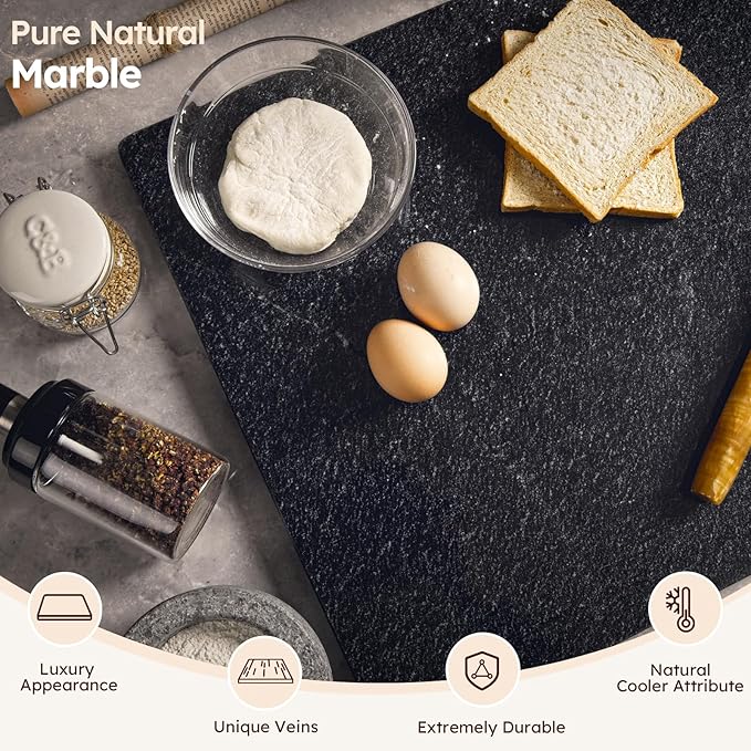 Diflart Natural Stone Cuttings Board for Kitchen, 16x20 Inch, Black, Granite Pastry Slab Large with Non-Slip Feet for Cheese, Charcuterie, Dough, Chocolate, Pack of 1 Piece