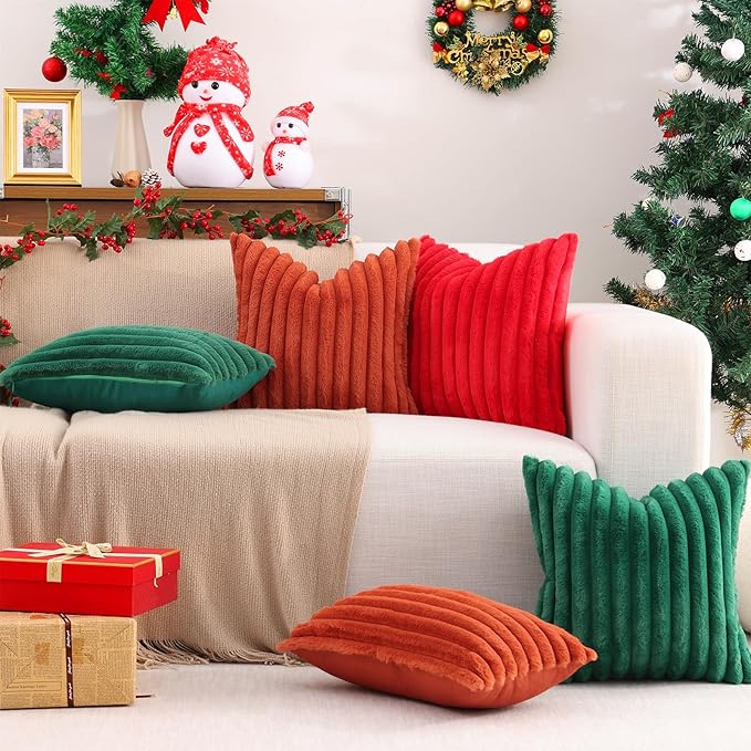 Pallene Faux Fur Plush Christmas Throw Pillow Covers 24x24 Set of 2, Luxury Soft Fluffy Striped Decorative Pillow Covers for Sofa, Couch, Living Room, Christmas Green