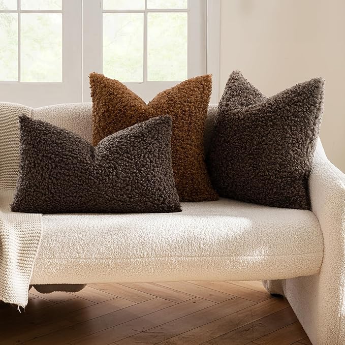 MIULEE Pack of 2 Throw Pillow Covers 12x20 Inch Neutral Chocolate Faux Fur Decorative Sherpa Pillow Covers Fuzzy Accent Soft Sheepskin Fleece Cushion Cases for Boho Home Decor Couch Living Room Bed