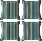 Sunbrella Decorative Outdoor Water Repellent Throw Pillows with Inserts, Set of 4, 18" x18" Pillows for Patio, Backyard, Bed, Couch, and Patio Furniture, Beach Stripe Lagoon