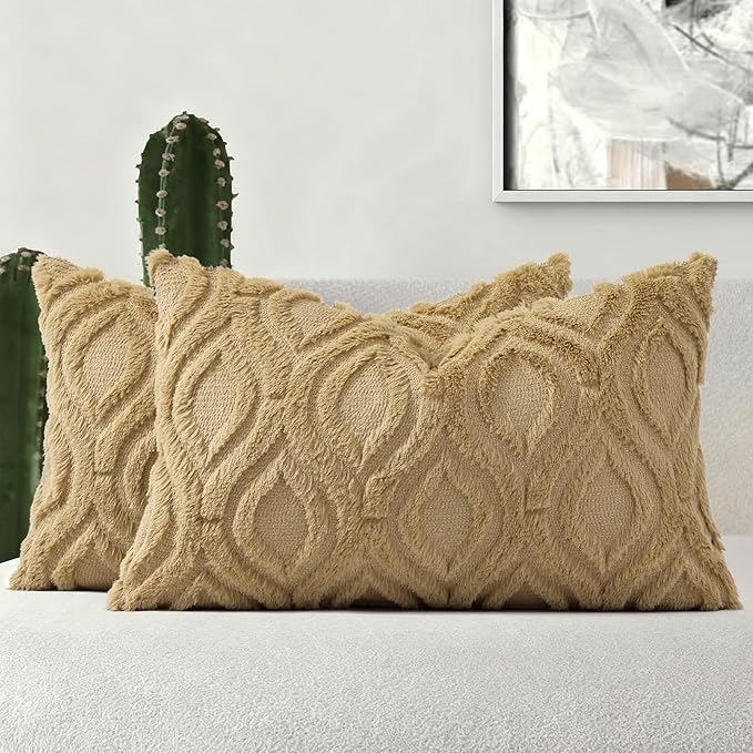 decorUhome Throw Pillow Covers 12x20 Inch Set of 2, Soft Plush Decorative Faux Fur Light Brown Solid Couch Pillow Covers, Accent Farmhouse Neutral Lumbar Euro Pillow Cases for Sofa Bed Living Room