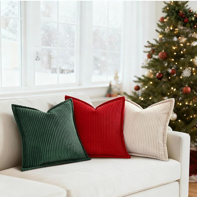 Mecatny Christmas Corduroy Throw Pillow Covers 20x20 Set of 2, Neutral Decorative Soft Boho Couch Pillow Covers with Broadside for Sofa Living Room, Christmas Red